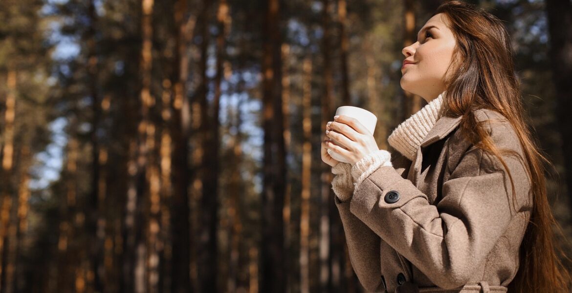 woman, beauty, fashion, portrait, drink, outdoors, beverage, coat, coffee, female, nature, forest, girl