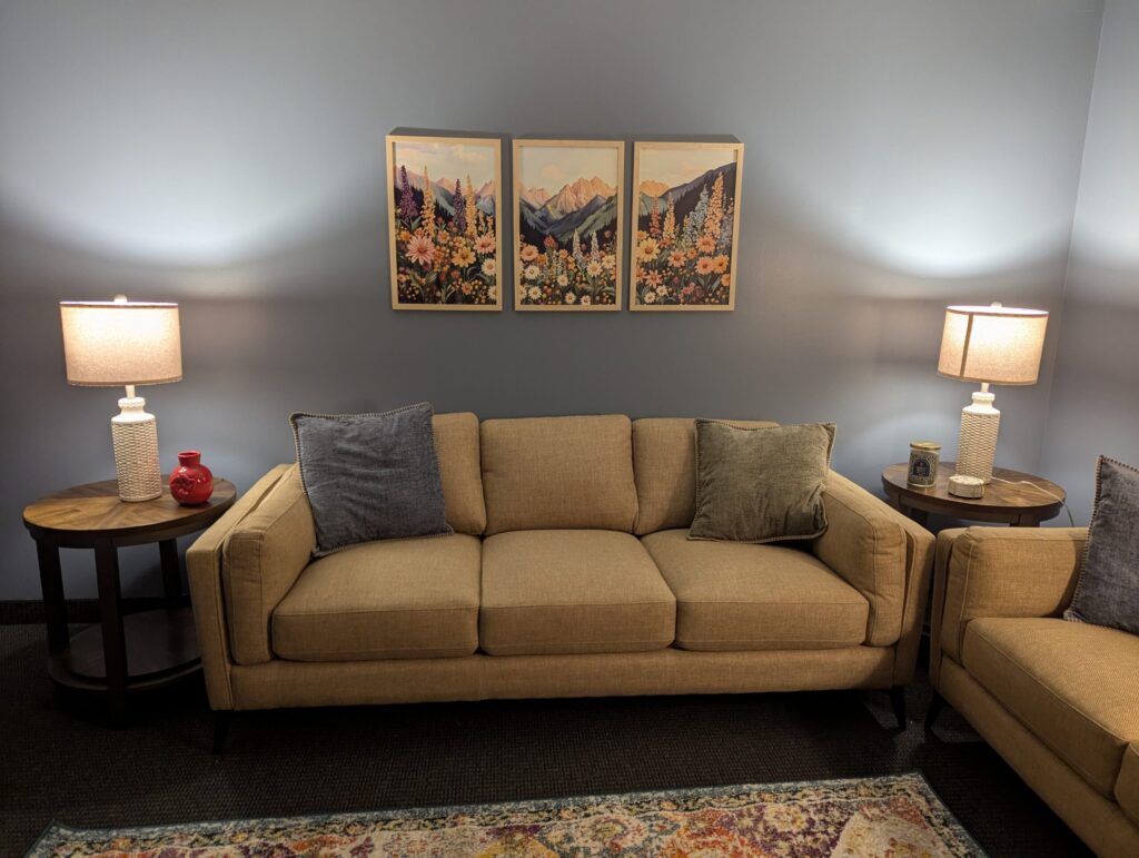 Therapy couch at Kindred Counseling in Blaine MN. Contact Me