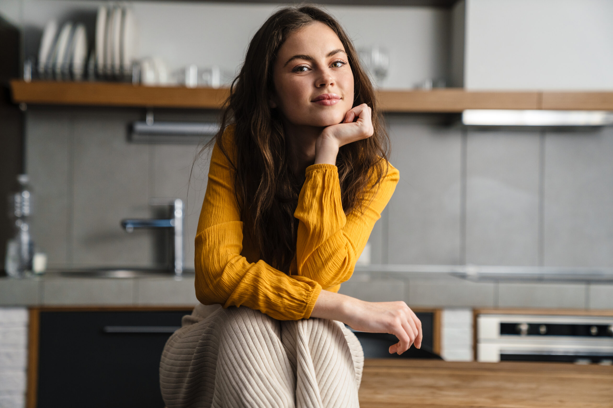 Self-Care . Young girl sitting on a counter