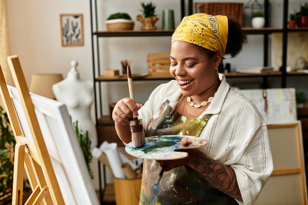 Therapy for self esteem in blaine mn . Woman sitting at her painting easel