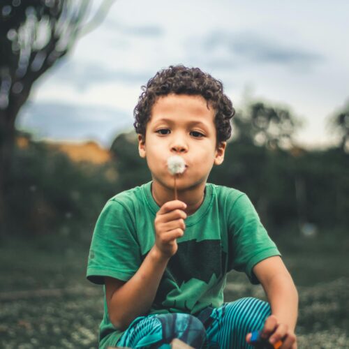 Little boy in a green shirt blowing a dandelion on a cloudy day, symbolizing playfulness, childhood, and connection with nature Therapy for children in Blaine MN