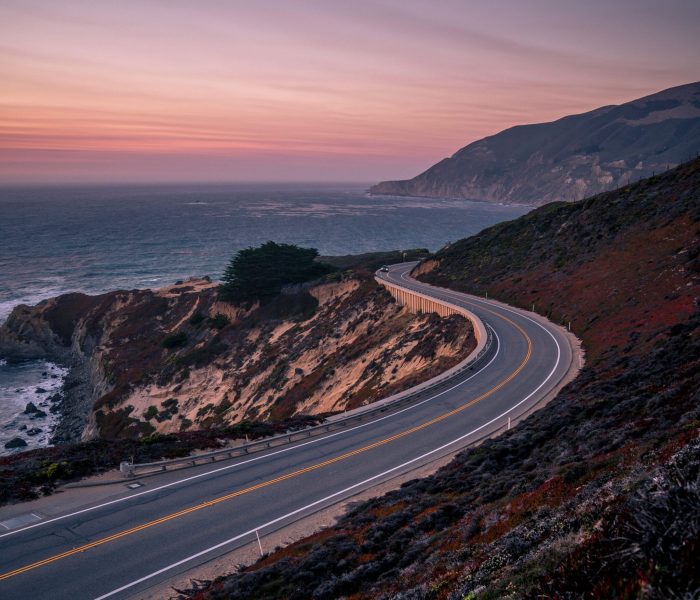 A vertical shot of Pacific coast highway surrounded by growing grass in California during sunset
